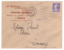 NANCY M Et M Facture Entête Librairie BERGER 40c Semeuse Violet Yv 23 Ob Meca 7 1 1929 - Storia Postale