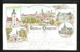 Lithographie Querfurt, Bürgerschule, Stände-Haus, Altes Schlosstor, Rathaus - Querfurt