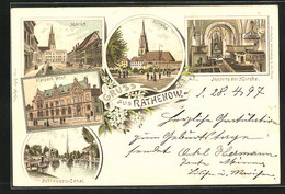 Lithographie Rathenow, Kaiserl. Post, Kirche, Markt, Schleusen-Canal - Rathenow