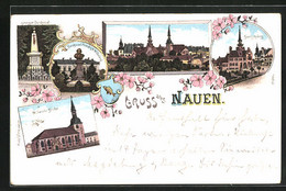 Lithographie Nauen, Königsplatz, St. Jacobi Kirche, Kriegerdenkmal - Nauen