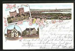 Lithographie Werder / Havel, Gasthaus Wachtelburg, Kaiserl. Postamt, Rathaus - Werder