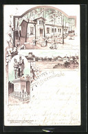 Lithographie Angermünde, Stadtpark-Restaurant, Kriegerdenkmal - Angermuende