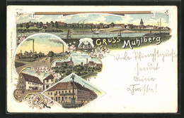 Lithographie Mühlberg A. Elbe, Hotel Z. Kronprinz, Zuckerfabrik, Kriegerdenkmal - Mühlberg