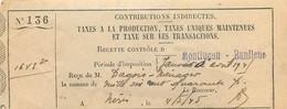 Timbres Fiscaux - Timbre Quittance - Contributions Indirectes - Taxe à La Production - Néris Les Bains - Montlucon - Other & Unclassified