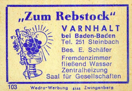 1 Altes Gasthausetikett, „Zum Rebstock“, Bes. E. Schäfer, Varnhalt Bei Baden-Baden #2034 - Zündholzschachteletiketten