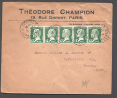 1924  Lettre De Paris Pour USA  Yv 171 Bande De 5 - 1922-26 Pasteur
