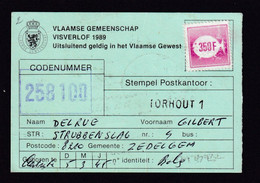 DDZ 286 -- Collection THOUROUT - Permis De Peche / Visverlof + Vignette 350 F - TP Velghe TORHOUT 1989 Griffe TORHOUT 1 - Folletos De La Oficina De Correos