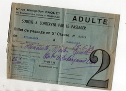 Billet De Passage 2e Classe CASABLANCA-MARSEILLE 1949 Compagnie De Navigation PAQUET (adulte)  (PPP29176) - Sin Clasificación