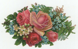 Chromo Découpis Gaufrée. Roses Et Autres Fleurs. Dimensions Maximales : 13 Cm X 8,5 Cm - Fleurs