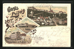 Lithographie Leisnig, Kaserne Mit Soldaten, Postamt, Totaleansicht Vom Ort - Leisnig