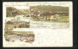 Lithographie Bad Kösen, Wilhelmsburg, Neue Brücke Aus Der Vogelschau, Rudelsburg U. Saaleck - Bad Koesen