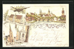 Lithographie Merseburg, Rathaus, Schloss, Kirche - Merseburg