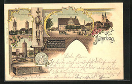 Lithographie Jüterbog, Rathaus Mit Kriegerdenkmal Und Nicolaikirche - Jueterbog