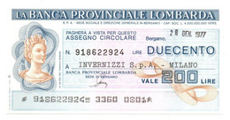 1977 - Italia - Banca Provinciale Lombarda - Invernizzi S.p.A. - Milano ---- - [10] Assegni E Miniassegni
