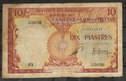 Indochine Indochina Vietnam Viet Nam Laos Cambodia 10 Piastres VF Banknote Note 1953 - P#96b RARE- Son Sang 's Signature - Indochina