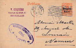 Carte Entier Postal Brussel à Namur Cachet Censure Militaire - German Occupation