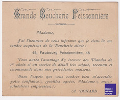 Rare Publicité Type Carte De Visite 1900 Grande Boucherie 45 Faubourg Poissonnière Paris - A. Donard Commerce A50-79 - Tarjetas De Visita