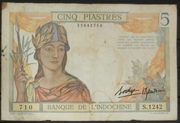 French Indochina Indo China Indochine Laos Vietnam Cambodia 5 Piastres VF Banknote Note 1936-39 - Pick # 55b / 2 Photos - Indocina