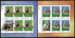 RUMANIA /ROMANIA / RUMÄNIEN  -EUROPA 2021 -ENDANGERED NATIONAL WILDLIFE"- TWO SHEET Of 5 STAMPS + LABEL  MINT - 2021