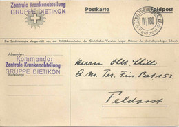 Feldpost Karte  "Zentrale Krankenabteilung Gruppe Dietikon"         1939 - Postmarks