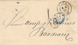 1869- Letter From KIEL To Bordeaux - Entrance PRUSSE 3 ERQUELINES 3 Blue + Rating 6 D. - Marques D'entrées