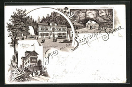 Lithographie Grosser Winterberg, Hotel, Lichtenhainer Wasserfall, Kuhstall - Grossenhain