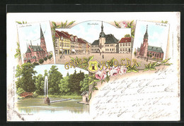 Lithographie Apolda, Lutherkirche, Katholische Kirche Und Springbrunnen Im Schötner Grund - Apolda