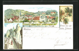 Lithographie Wehlen, Ortsansicht Mit Basteibrücke - Wehlen