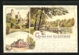 Lithographie Glauchau, Schloss Hinterglauchau, Gründelteich - Glauchau