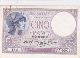 5 Francs  - Violet   A Q 28 / 11 -  1940  - 458     TT B + - 5 F 1917-1940 ''Violet''