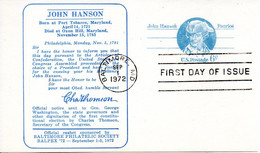 USA. Carte Pré-timbrée Avec Oblitération 1er Jour De 1972. John Hanson. - 1961-80