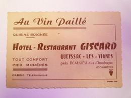 GP 2021 - 125  CARTON PUB  "HÔTEL-RESTAURANT GISCARD"  Queyssac-les-Vignes  (Corrèze)   XXXX - Werbung