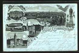 Mondschein-Lithographie Crimmitschau, Bahnhof Mit Dampflok Im Vollmond, Knabenschule, Kaiser Wilhelm-Denkmal - Crimmitschau