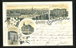 Lithographie Crimmitschau, Kaiser Wilhelm-Denkmal Mit Kaufhalle, Rathaus, Knabenschule - Crimmitschau