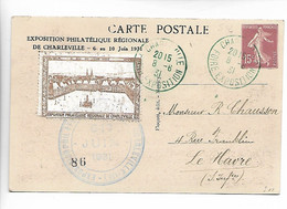 CHARLEVILLE Ardennes Entier Postal Timbré Sur Commande 15c Semeuse Ref SEC G3 Cachet V.....Erinnophilie Vignette  .....G - 1921-1960: Modern Tijdperk