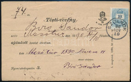 1890 Térti Vevény Színes Számú 10kr Bérmentesítéssel "SZOLNOK", Hátoldalán 15kr Okmánybélyeg - Other & Unclassified