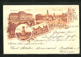 Lithographie Rochlitz, Markt Mit Rathaus Und Kirche, Aussichtsturm Auf Dem Berge, Schloss - Rochlitz