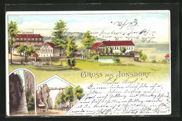 Lithographie Jonsdorf, Gasthof Zum Weissen Stein, Felsengasse Mit Gesellschaftsplatz Auf Dem Nonnenfelsen - Jonsdorf