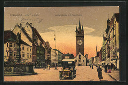 AK Straubing, Ludwigsplatz Mit Stadtturm In Der Abenddämmerung - Straubing