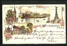Lithographie Wittenberge, Bahnstrasse, Hafenpartie Mit Dampfschiff, Kath. Kirche - Wittenberge