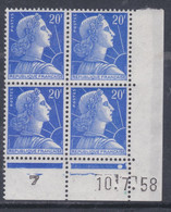 France N° 1011B XX  Marianne De Muller :  20 F. Bleu En Bloc De 4 Coin Daté Du 10 . 7 . 58  1 Pt Blanc Sans Charnière TB - 1950-1959