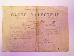 2021 - 2044  TARBES 10 Fév 1876  :  CARTE D'ELECTEUR Du Canton De Tarbes-NORD  (DUALLE Jean Ex-instituteur)  RARE - Non Classés