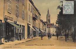 CPA 01 AMBERIEU PLACE DU MARCHE EGLISE (cpa Toilée - Non Classés