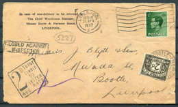 1937 Liverpool Mersey Docks Cover (Front ONLY) - Bootle "Closed Against Inspection" Postage Due, Taxe 466 Instructional - Storia Postale