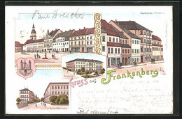 Lithographie Frankenberg I. S., Humboldtstrasse, Marktplatz, Bürgerschule - Frankenberg