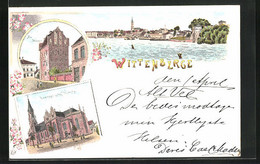 Lithographie Wittenberge, Evang. Kirche, Strasse Am Steinthor, Flusspartie Mit Stadtkern - Wittenberge