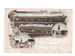 0-5231 SPRÖTAU, Lithographie, Gasthof, Schule, Kirche, Pfarre, Blick V.d. Mühle & Mittelberg, Druckstelle - Sömmerda