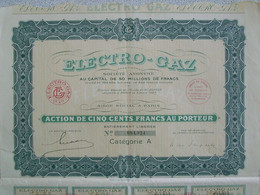 Action Française De 500 Francs Au Porteur De La Société ELECTRO-GAZ De 1920. - Elektriciteit En Gas