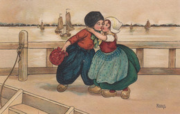 Florence Hardy Artist Image Dutch Children, Boy And Girl Kiss, C1910s Vintage Postcard - Hardy, Florence