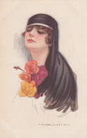 Nanni Artist Image, Woman Wears Black Scarf Holds Flowers, C1910s/20s Vintage Series #398-5 Postcard - Nanni